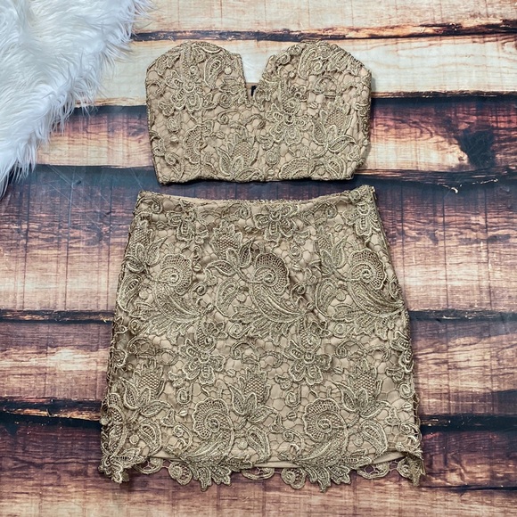 ANGL Dresses & Skirts - RELISTED Angl Gold Nude Lace 2 piece Set Prom Dress Skirt